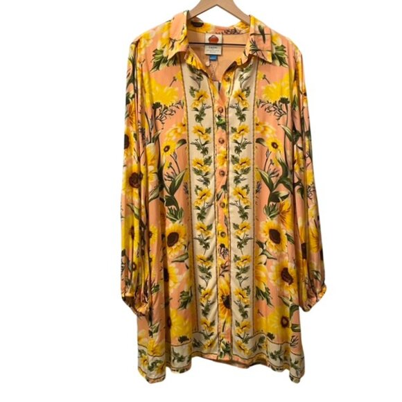 NWT Farm Rio Anthropologie Long Sleeve Button Front Mini Sunflower Dress Large - Picture 4 of 16